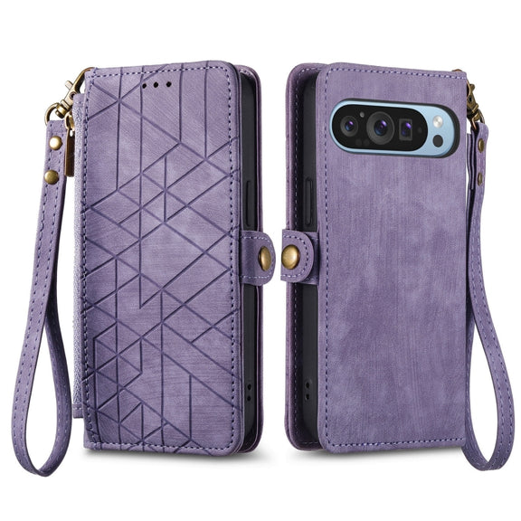 For Google Pixel 9 Geometric Zipper Wallet Side Buckle Leather Phone Case(Purple)