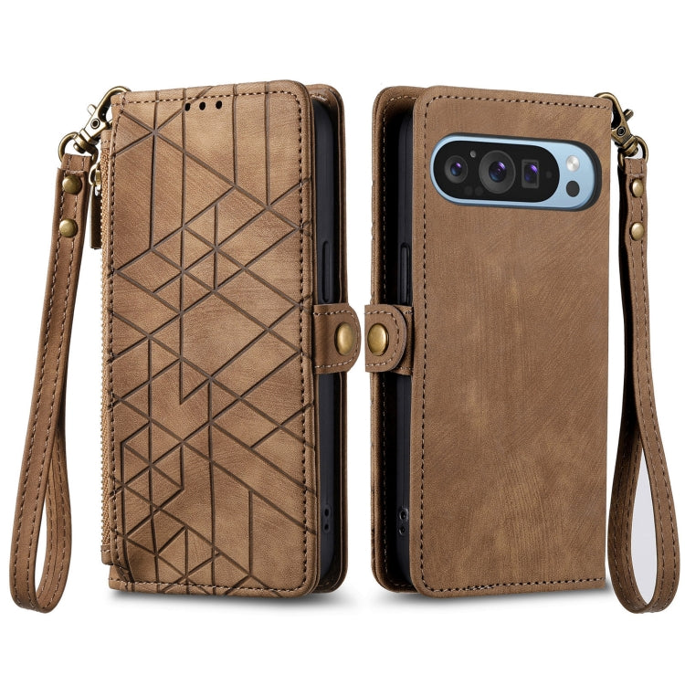For Google Pixel 9 Geometric Zipper Wallet Side Buckle Leather Phone Case(Brown)