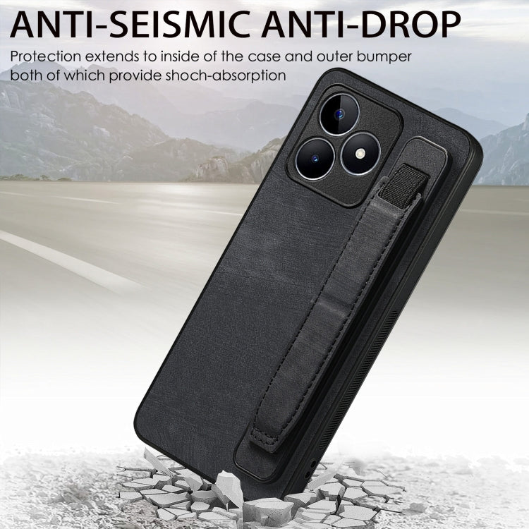 For Realme C53 Retro Wristband Holder Leather Back Phone Case(Black)