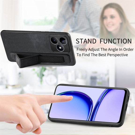 For Realme C53 Retro Wristband Holder Leather Back Phone Case(Black)