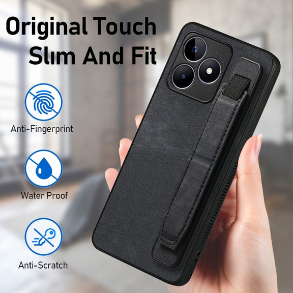 For Realme C53 Retro Wristband Holder Leather Back Phone Case(Black)
