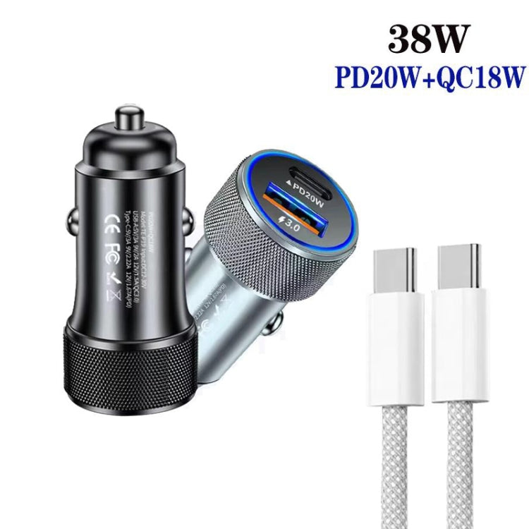 P19 Metal PD20W USB-C + QC18W USB Car Charger with USB-C to USB-C Date Cable for iPhone 15 series(Black)