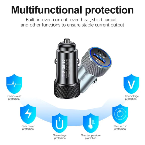 P19 Metal PD20W USB-C + QC18W USB Car Charger with USB-C to USB-C Date Cable for iPhone 15 series(Black)