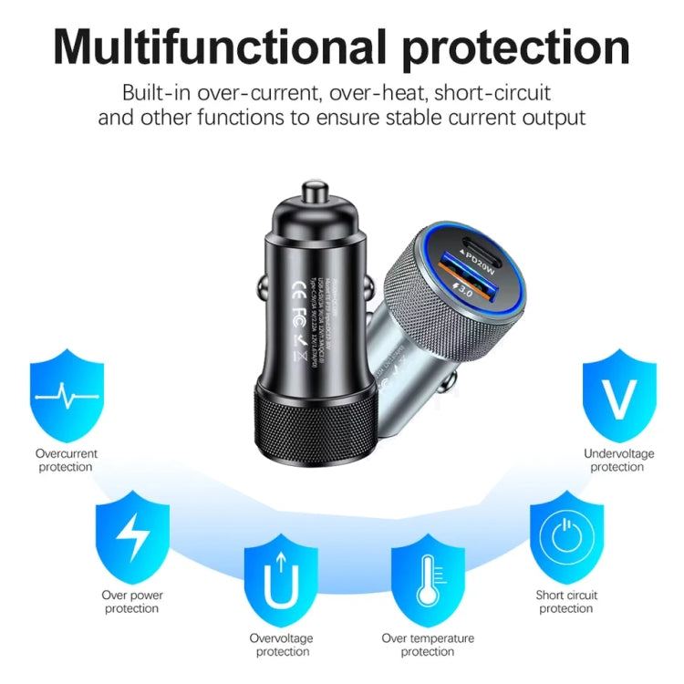 P19 Metal PD20W USB-C + QC18W USB Car Charger with USB-C to USB-C Date Cable for iPhone 15 series(Silver Gray)