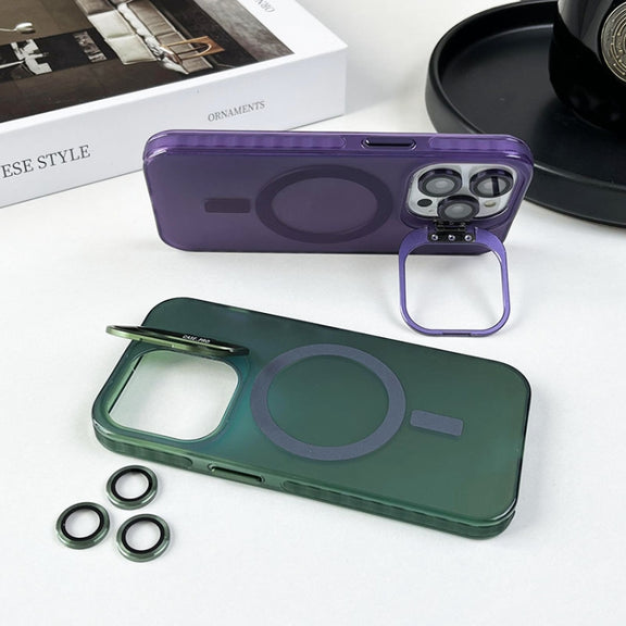 For iPhone 15 MagSafe Lens Holder PC Hybrid TPU Phone Case(Green)