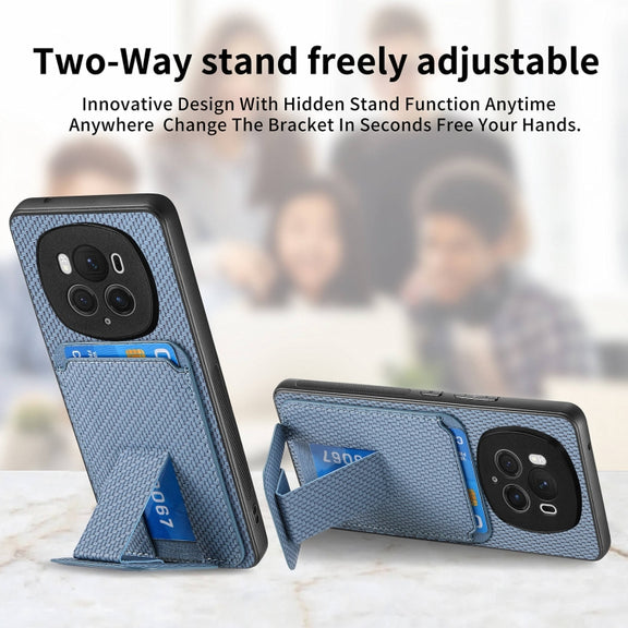 For Honor Magic6 Pro Carbon Fiber Card Bag Fold Stand Phone Case(Blue)