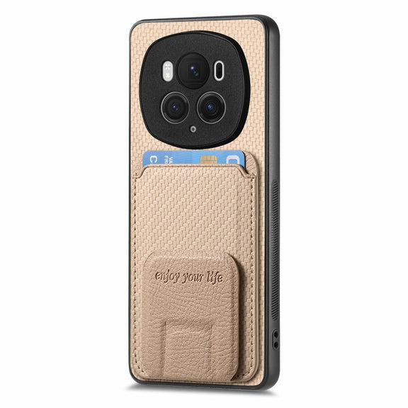 For Honor Magic6 Pro Carbon Fiber Card Bag Fold Stand Phone Case(Khaki)