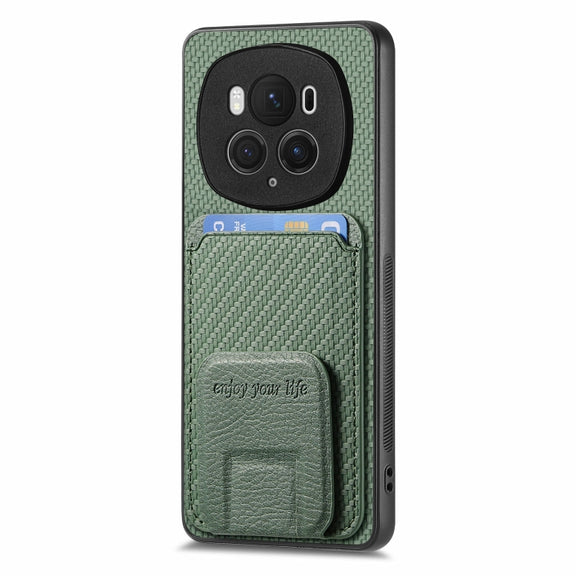 For Honor Magic6 Pro Carbon Fiber Card Bag Fold Stand Phone Case(Green)