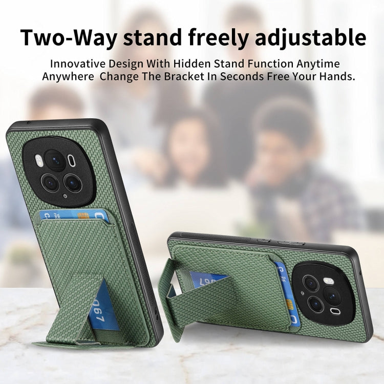 For Honor Magic6 Pro Carbon Fiber Card Bag Fold Stand Phone Case(Green)