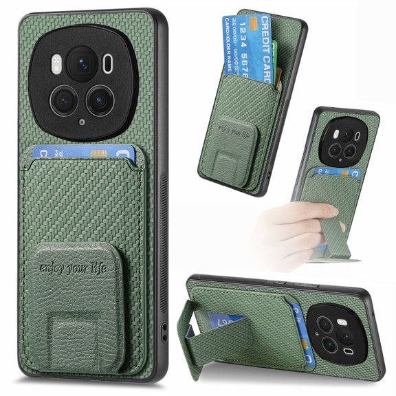 For Honor Magic6 Pro Carbon Fiber Card Bag Fold Stand Phone Case(Green)