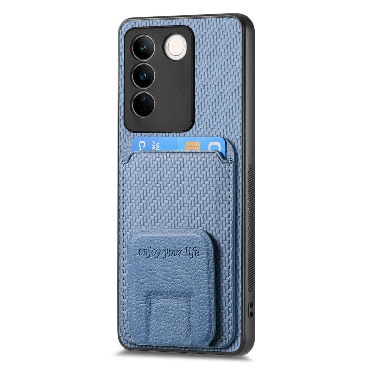 For vivo X100 Pro 5G Carbon Fiber Card Bag Fold Stand Phone Case(Blue)