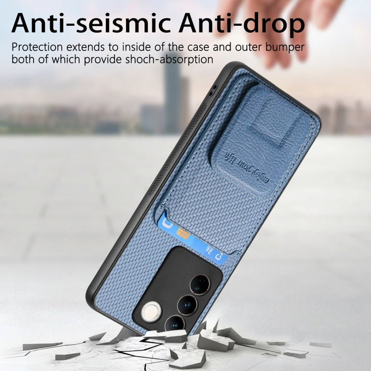 For vivo X100 Pro 5G Carbon Fiber Card Bag Fold Stand Phone Case(Blue)