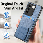 For vivo X100 Pro 5G Carbon Fiber Card Bag Fold Stand Phone Case(Blue)