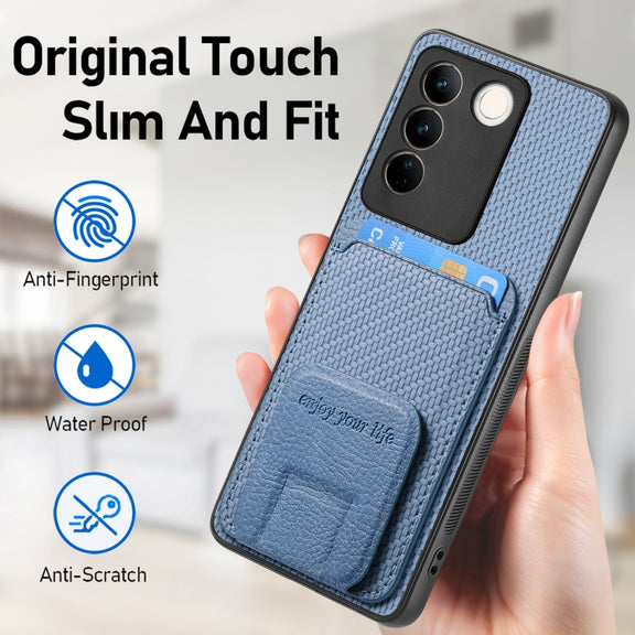 For vivo X100 Pro 5G Carbon Fiber Card Bag Fold Stand Phone Case(Blue)