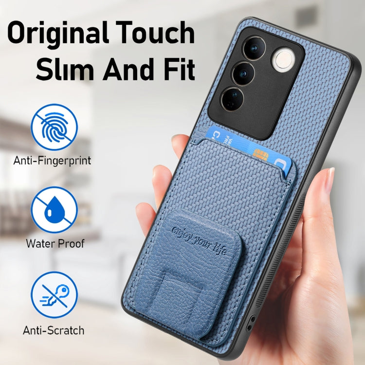 For vivo X100 Pro 5G Carbon Fiber Card Bag Fold Stand Phone Case(Blue)