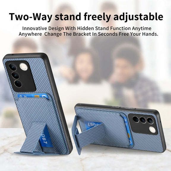 For vivo X100 Pro 5G Carbon Fiber Card Bag Fold Stand Phone Case(Blue)