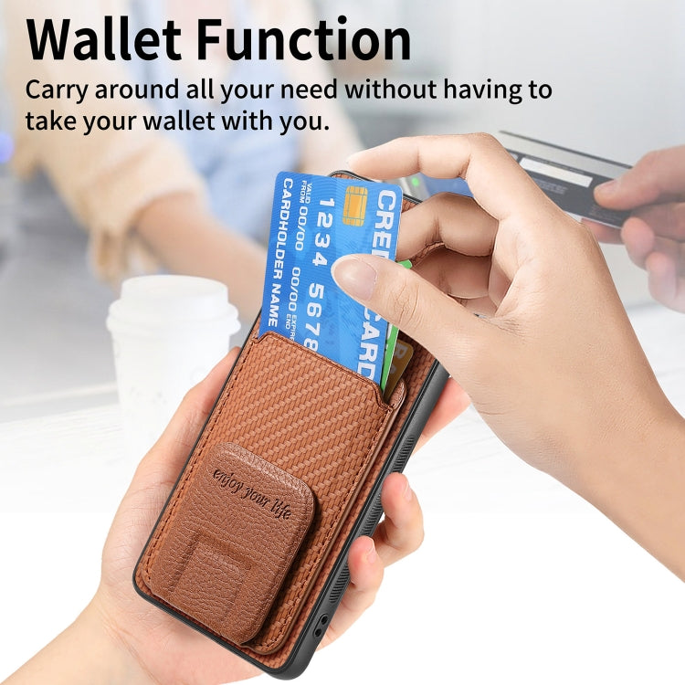 For vivo iQOO 12 Pro Carbon Fiber Card Bag Fold Stand Phone Case(Brown)