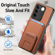 For vivo iQOO 12 Pro Carbon Fiber Card Bag Fold Stand Phone Case(Brown)