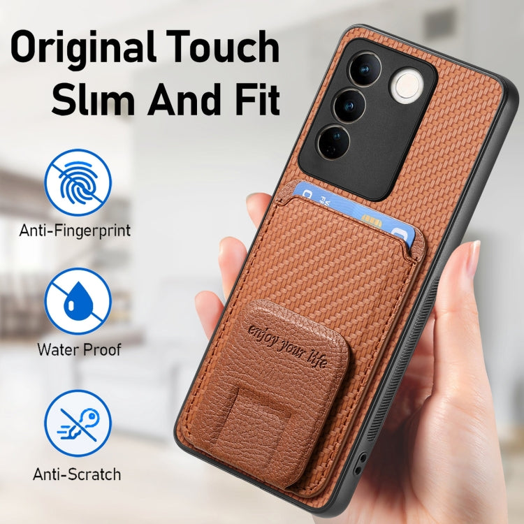 For vivo iQOO 12 Pro Carbon Fiber Card Bag Fold Stand Phone Case(Brown)