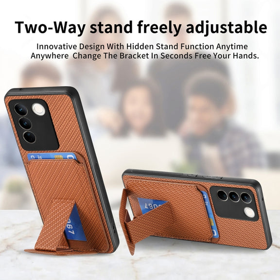 For vivo iQOO 12 Pro Carbon Fiber Card Bag Fold Stand Phone Case(Brown)