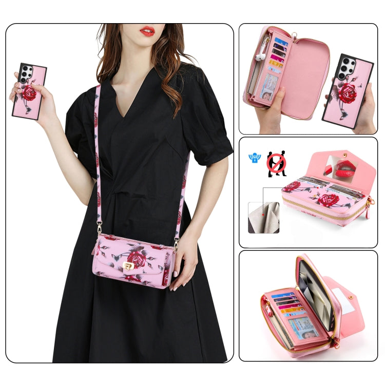For Samsung Galaxy S24 5G Flower Multi-functional Crossbody Zipper Wallet Leather Phone Case(Pink)