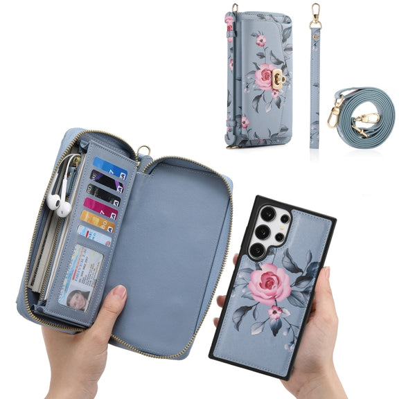 For Samsung Galaxy S24 5G Flower Multi-functional Crossbody Zipper Wallet Leather Phone Case(Blue)
