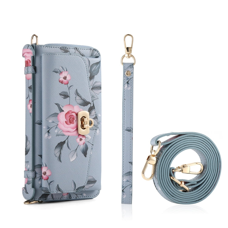 For Samsung Galaxy S24 5G Flower Multi-functional Crossbody Zipper Wallet Leather Phone Case(Blue)