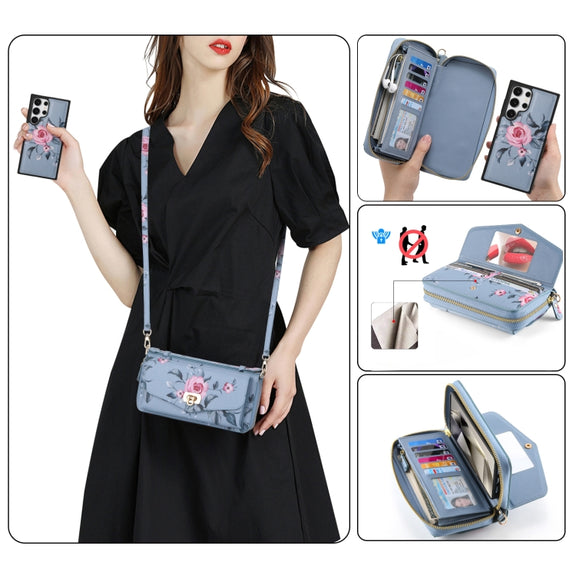 For Samsung Galaxy S24 5G Flower Multi-functional Crossbody Zipper Wallet Leather Phone Case(Blue)