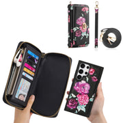 For Samsung Galaxy S24+ 5G Flower Multi-functional Crossbody Zipper Wallet Leather Phone Case(Black)