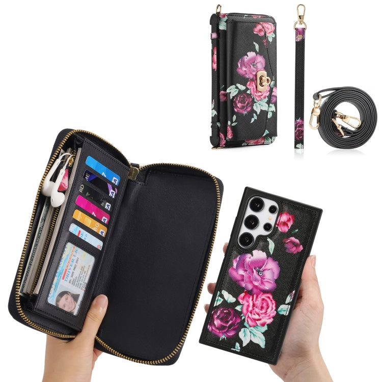 For Samsung Galaxy S24+ 5G Flower Multi-functional Crossbody Zipper Wallet Leather Phone Case(Black)