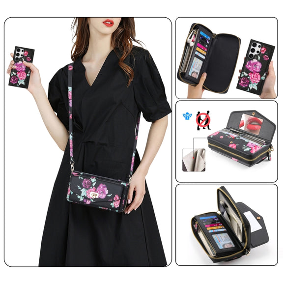For Samsung Galaxy S24+ 5G Flower Multi-functional Crossbody Zipper Wallet Leather Phone Case(Black)