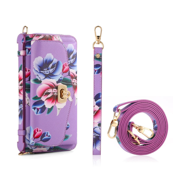 For Samsung Galaxy S24+ 5G Flower Multi-functional Crossbody Zipper Wallet Leather Phone Case(Purple)