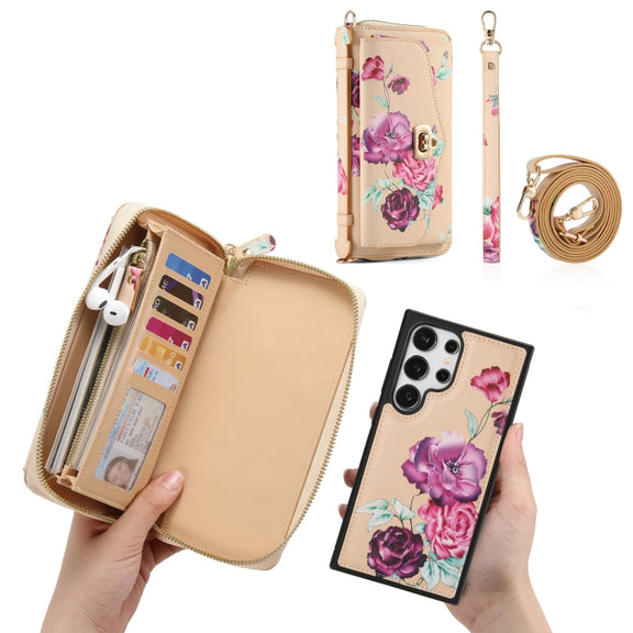 For Samsung Galaxy S24+ 5G Flower Multi-functional Crossbody Zipper Wallet Leather Phone Case(Yellow)