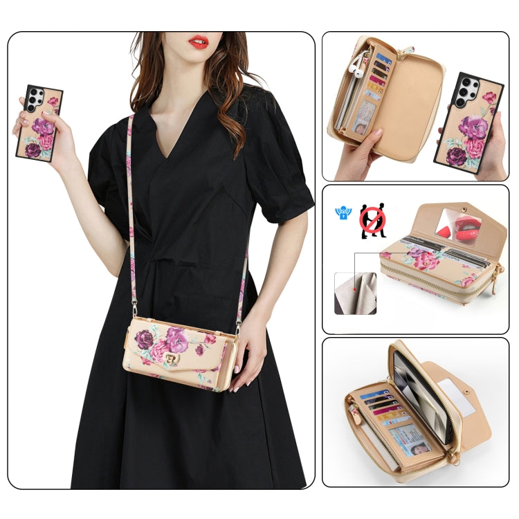 For Samsung Galaxy S24+ 5G Flower Multi-functional Crossbody Zipper Wallet Leather Phone Case(Yellow)