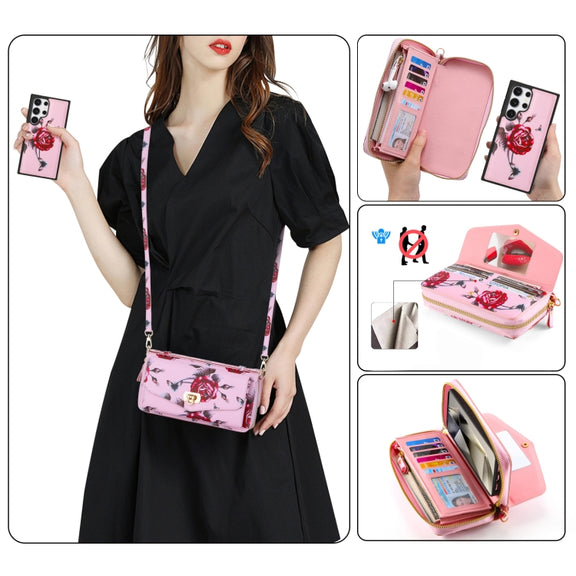 For Samsung Galaxy S24 Ultra 5G Flower Multi-functional Crossbody Zipper Wallet Leather Phone Case(Pink)