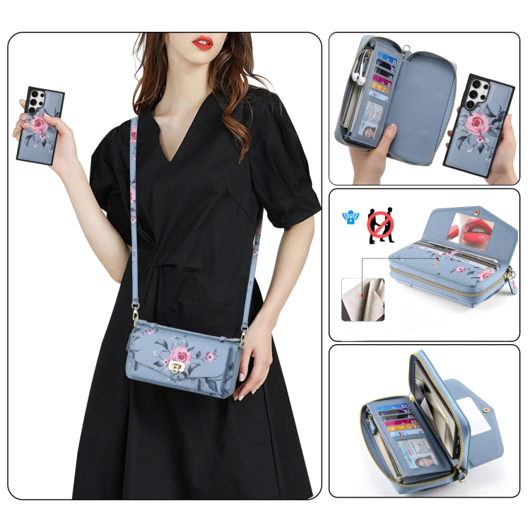 For Samsung Galaxy S24 Ultra 5G Flower Multi-functional Crossbody Zipper Wallet Leather Phone Case(Blue)