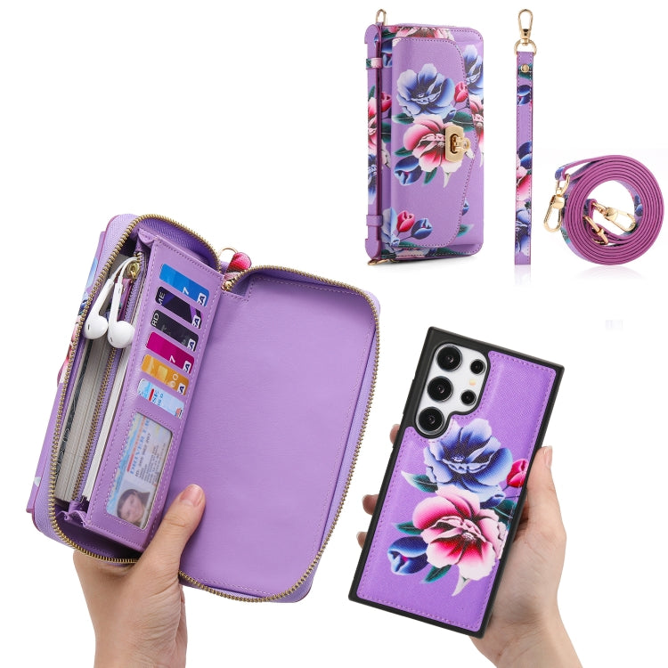 For Samsung Galaxy S24 Ultra 5G Flower Multi-functional Crossbody Zipper Wallet Leather Phone Case(Purple)