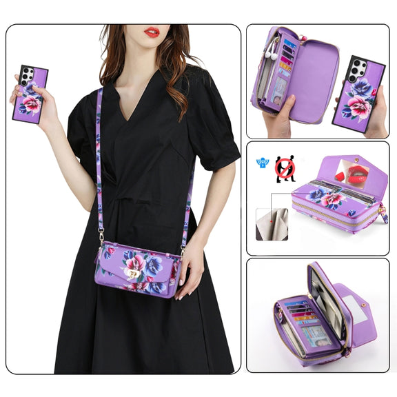 For Samsung Galaxy S24 Ultra 5G Flower Multi-functional Crossbody Zipper Wallet Leather Phone Case(Purple)