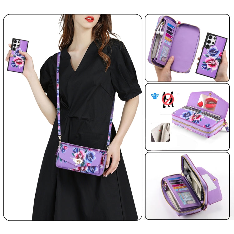 For Samsung Galaxy S24 Ultra 5G Flower Multi-functional Crossbody Zipper Wallet Leather Phone Case(Purple)