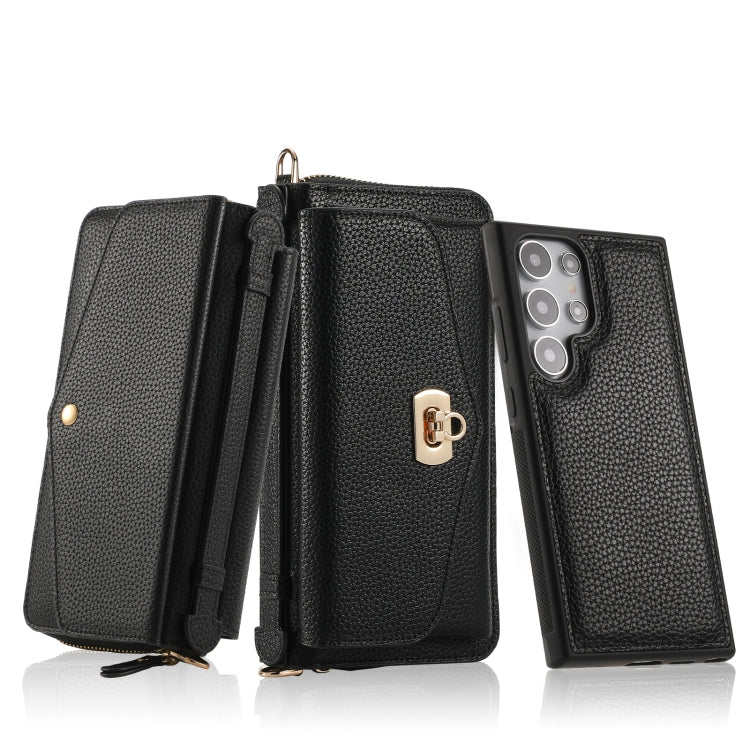 For Samsung Galaxy S24 Ultra 5G Crossbody Multi-functional Zipper Wallet Litchi Leather Phone Case(Black)