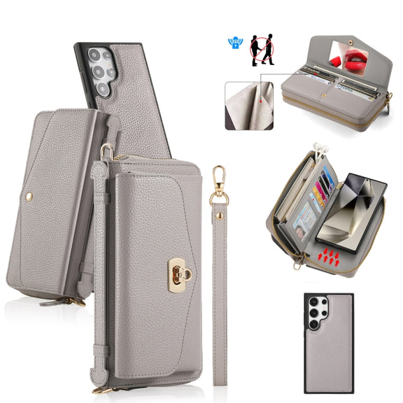 For Samsung Galaxy S24+ 5G Crossbody Multi-functional Zipper Wallet Litchi Leather Phone Case(Grey)