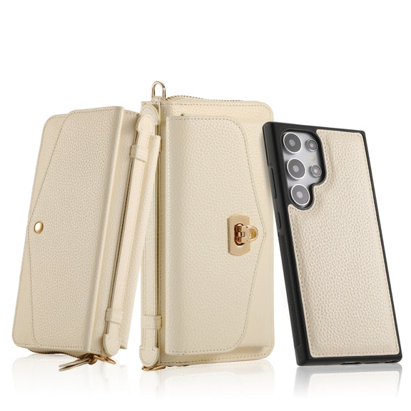 For Samsung Galaxy S24 5G Crossbody Multi-functional Zipper Wallet Litchi Leather Phone Case(Beige)