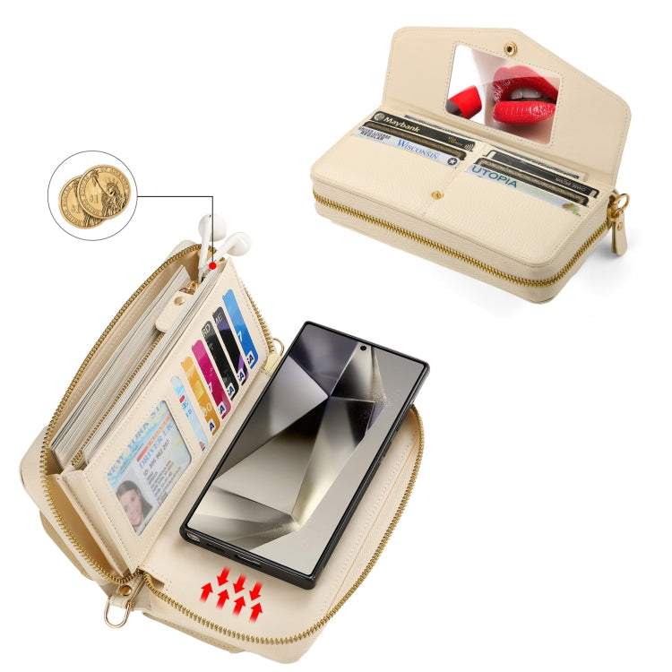 For Samsung Galaxy S24 5G Crossbody Multi-functional Zipper Wallet Litchi Leather Phone Case(Beige)