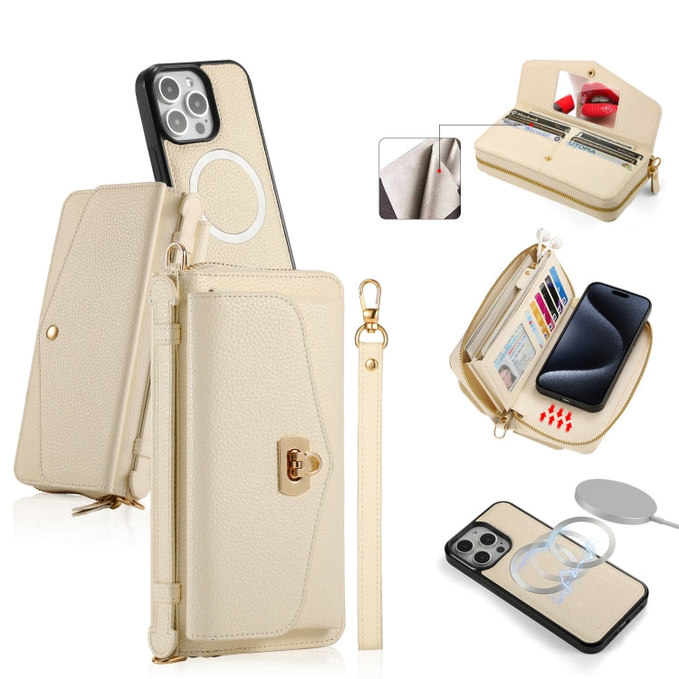 For iPhone 15 Pro Max MagSafe Crossbody Multi-functional Zipper Wallet Litchi Leather Phone Case(White)