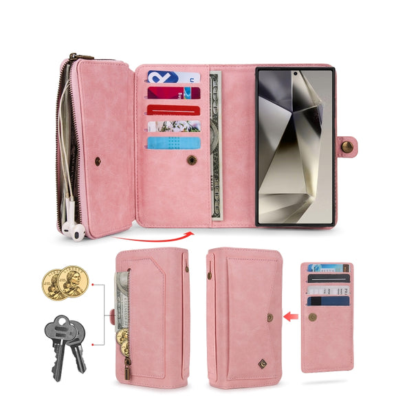 For Samsung Galaxy S24 5G Multi-functional Zipper Wallet Leather Phone Case(Pink)
