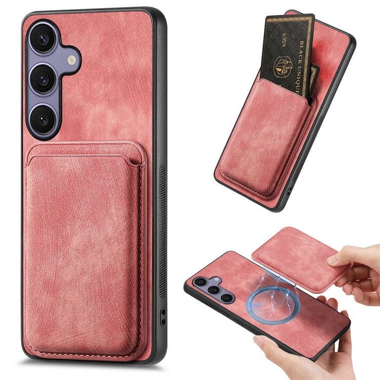 For Samsung Galaxy S25 5G Retro Leather Card Bag Magnetic Phone Case(Pink)
