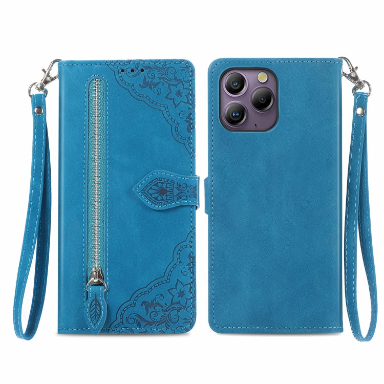 For Blackview A96 Embossed Flower Zipper Leather Phone Case(Bule)