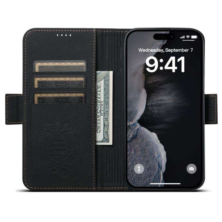 For iPhone 14 SUTENI J07 Multifunctional Horizontal Flip Magsafe Leather Phone Case(Black)