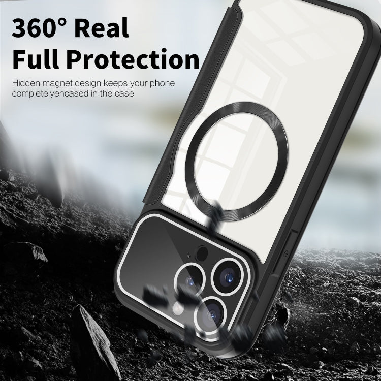 For iPhone 15 Colored Shield MagSafe Magnetic RFID Anti-theft Leather Phone Case(Black)