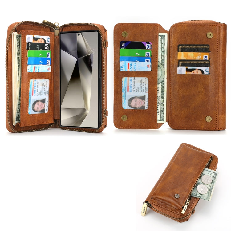 For Samsung Galaxy S24+ 5G Crossbody Multi-functional Zipper Wallet Leather Phone Case(Brown)